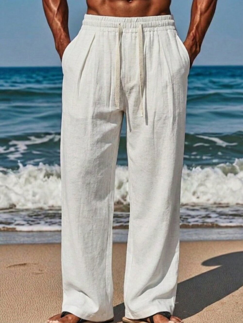White Casual Men's Linen Drawstring Straight Leg Boho Vacation Pants